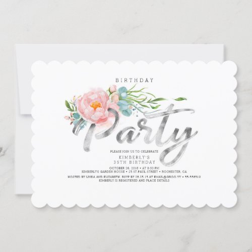 Silver Calligraphy Blush Pink Florals Birthday Invitation