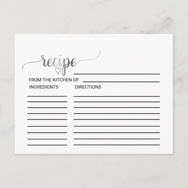 Silver Calligraphy Bridal Shower Recipe Cards (Front)