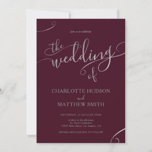 Silver Calligraphy Burgundy Wedding Invitation