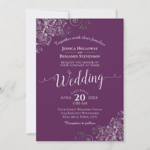 Silver Calligraphy Elegant Plum Purple Wedding Invitation