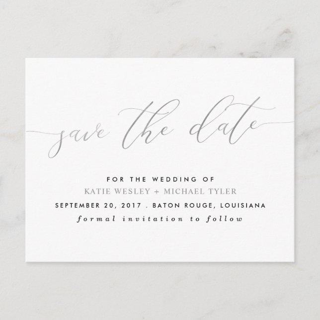 Silver Calligraphy Modern Save the Date Announcement Postcard (Front)