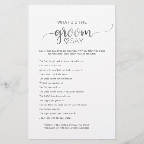 Silver Calligraphy What Did the Groom Say Game Flyer