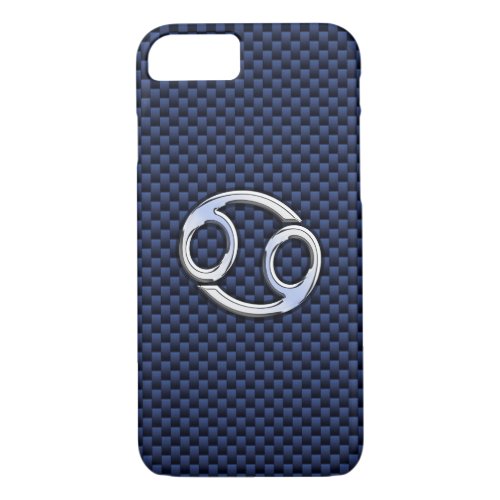 Silver Cancer Sign on Navy Blue Carbon Fiber Print iPhone 87 Case