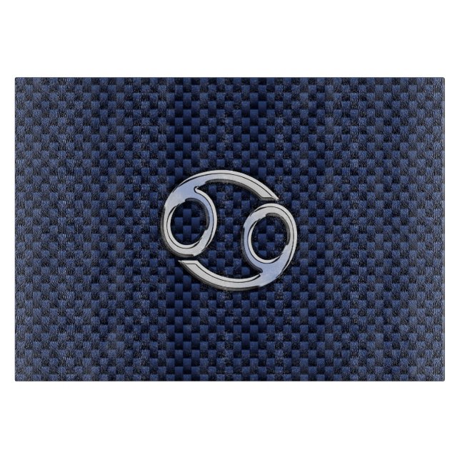Silver Cancer Sign on Navy Blue Carbon Fiber Print Cutting Board (Front)