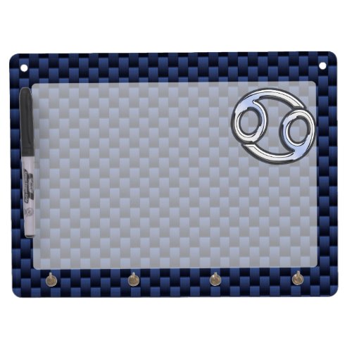 Silver Cancer Sign on Navy Blue Carbon Fiber Print Dry Erase Board With Keychain Holder