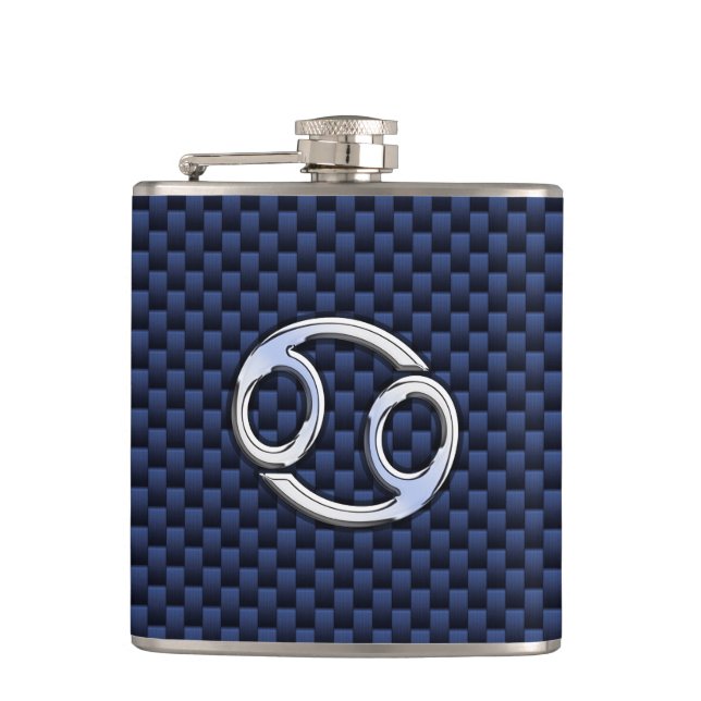 Silver Cancer Sign on Navy Blue Carbon Fiber Print Flask (Front)