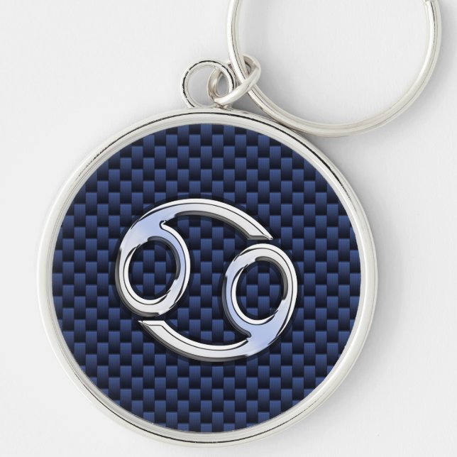 Silver Cancer Sign on Navy Blue Carbon Fiber Print Keychain (Front)