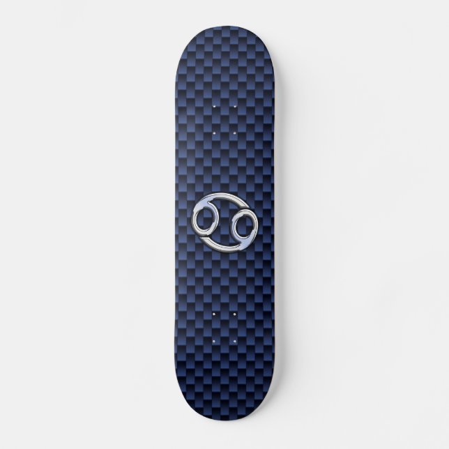 Silver Cancer Sign on Navy Blue Carbon Fiber Print Skateboard Deck (Front)