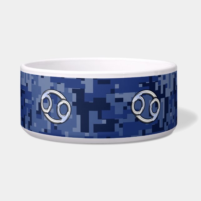 Silver Cancer Zodiac Sign Navy Blue Digital Camo Bowl (Front)