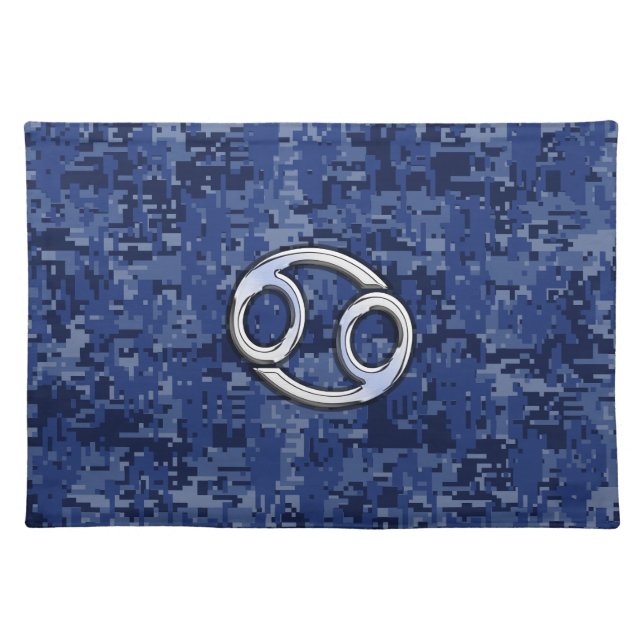 Silver Cancer Zodiac Sign Navy Blue Digital Camo Placemat (Front)
