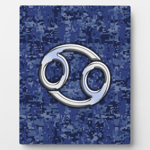 Silver Cancer Zodiac Sign Navy Blue Digital Camo Plaque