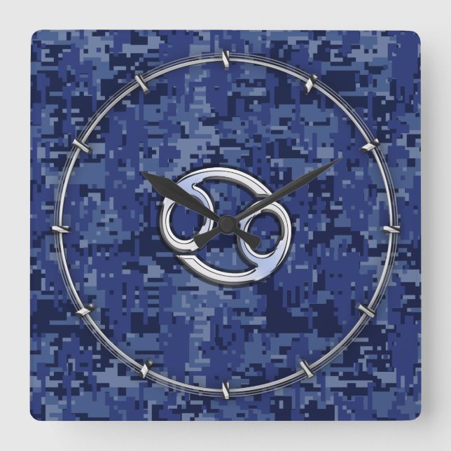 Silver Cancer Zodiac Sign Navy Blue Digital Camo Square Wall Clock (Front)