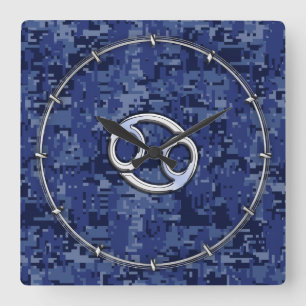 Silver Cancer Zodiac Sign Navy Blue Digital Camo Square Wall Clock