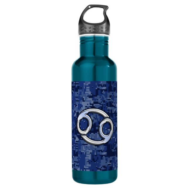 Silver Cancer Zodiac Sign Navy Blue Digital Camo Stainless Steel Water Bottle (Front)