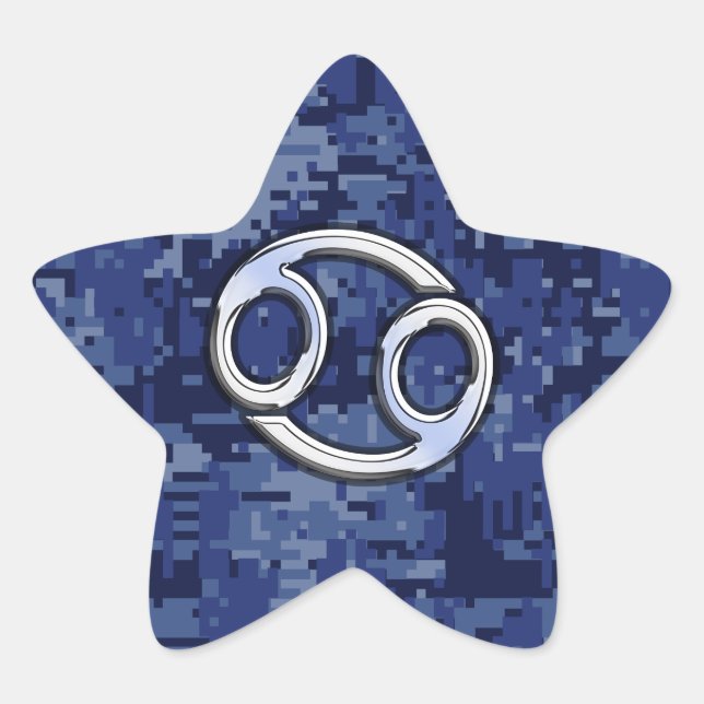 Silver Cancer Zodiac Sign Navy Blue Digital Camo Star Sticker (Front)