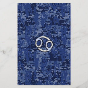 Silver Cancer Zodiac Sign Navy Blue Digital Camo Stationery