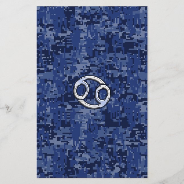 Silver Cancer Zodiac Sign Navy Blue Digital Camo Stationery (Front)