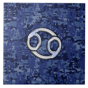 Silver Cancer Zodiac Sign Navy Blue Digital Camo Tile