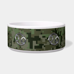 Silver Cancer Zodiac Sign on Green Digital Camo Bowl