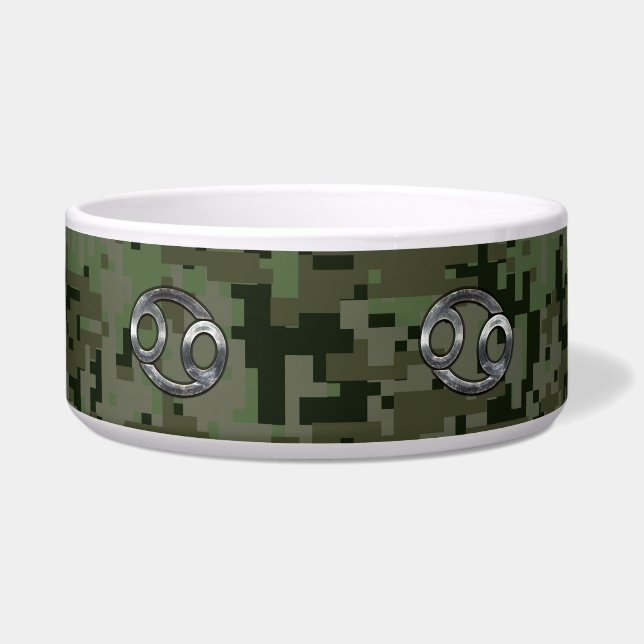 Silver Cancer Zodiac Sign on Green Digital Camo Bowl (Front)