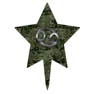 Silver Cancer Zodiac Sign on Green Digital Camo Cake Topper
