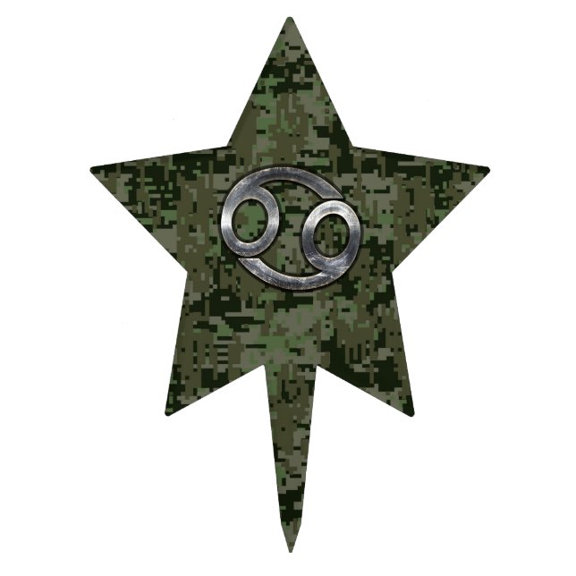 Silver Cancer Zodiac Sign on Green Digital Camo Cake Topper (Front)
