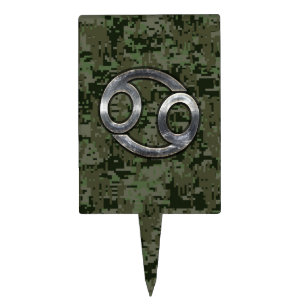 Silver Cancer Zodiac Sign on Green Digital Camo Cake Topper