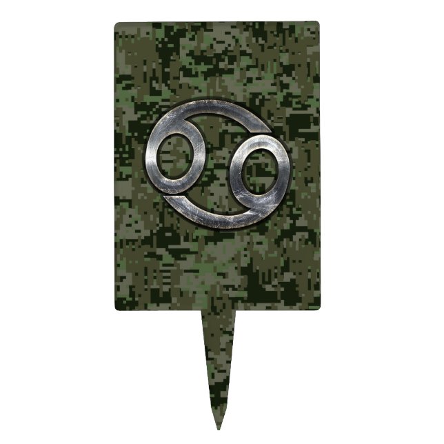Silver Cancer Zodiac Sign on Green Digital Camo Cake Topper (Front)