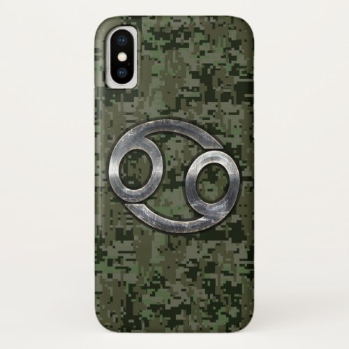 Silver Cancer Zodiac Sign on Green Digital Camo iPhone XS Case