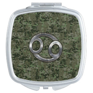 Silver Cancer Zodiac Sign on Green Digital Camo Compact Mirror