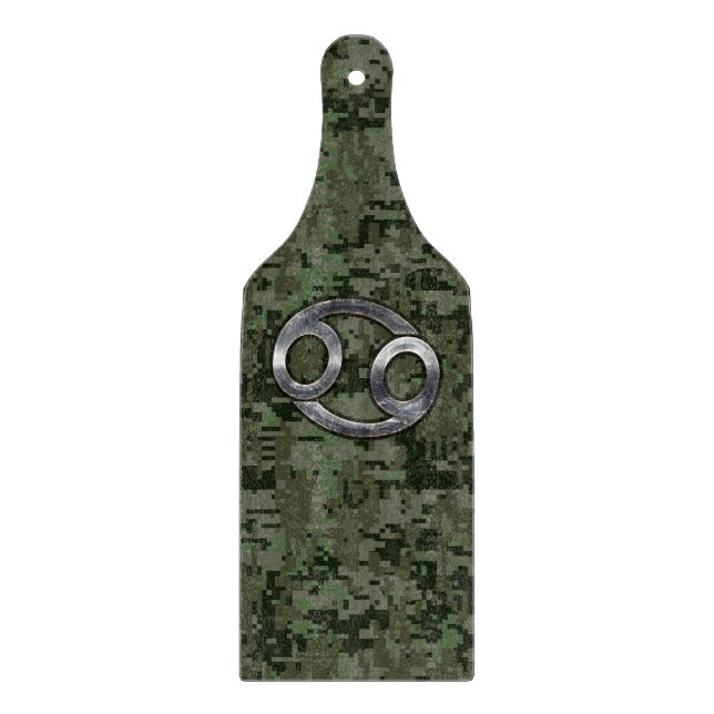 Silver Cancer Zodiac Sign on Green Digital Camo Cutting Board (Front)