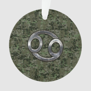 Silver Cancer Zodiac Sign on Green Digital Camo Ornament