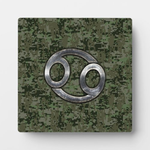 Silver Cancer Zodiac Sign on Green Digital Camo Plaque