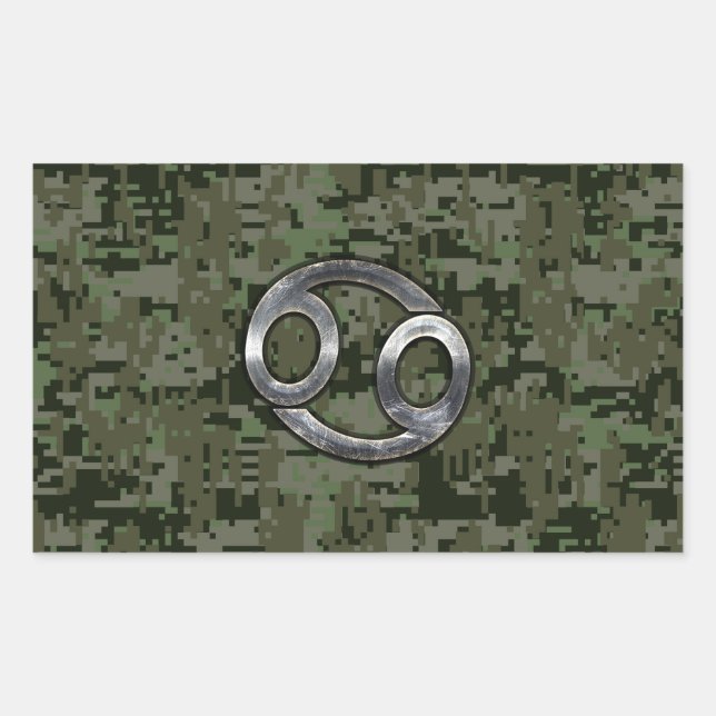 Silver Cancer Zodiac Sign on Green Digital Camo Rectangular Sticker (Front)