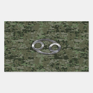 Silver Cancer Zodiac Sign on Green Digital Camo Rectangular Sticker
