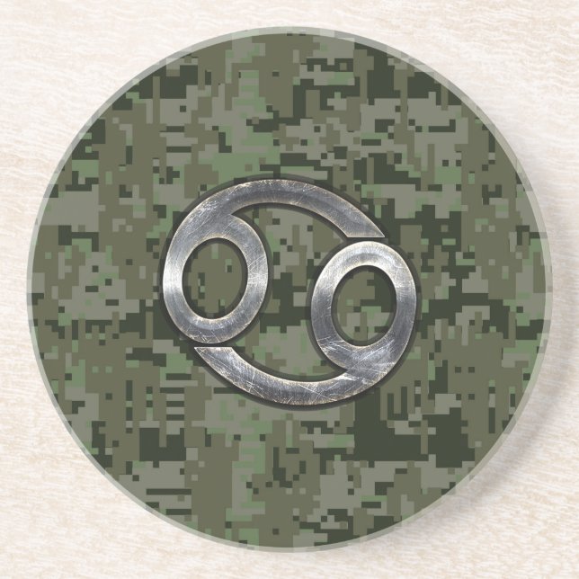Silver Cancer Zodiac Sign on Green Digital Camo Sandstone Coaster (Front)