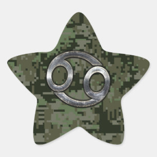 Silver Cancer Zodiac Sign on Green Digital Camo Star Sticker