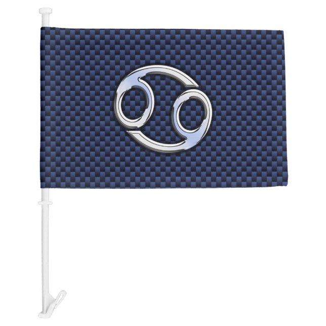 Silver Cancer Zodiac Symbol Navy Carbon Fiber Car Flag (Front)