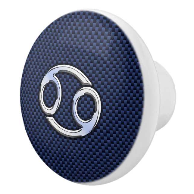 Silver Cancer Zodiac Symbol Navy Carbon Fiber Ceramic Knob (Right)