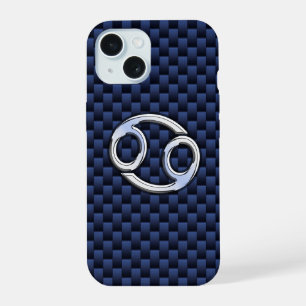Silver Cancer Zodiac Symbol Navy Carbon Fiber iPhone 15 Case