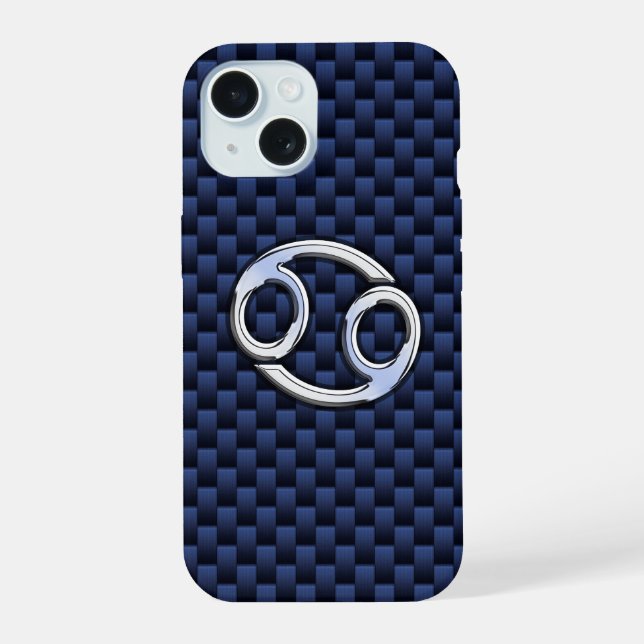 Silver Cancer Zodiac Symbol Navy Carbon Fiber iPhone 15 Case (Back)