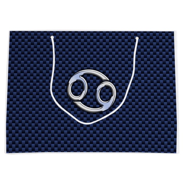 Silver Cancer Zodiac Symbol Navy Carbon Fiber Large Gift Bag (Front)