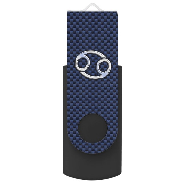 Silver Cancer Zodiac Symbol Navy Carbon Fiber USB Flash Drive (Front Vertical)
