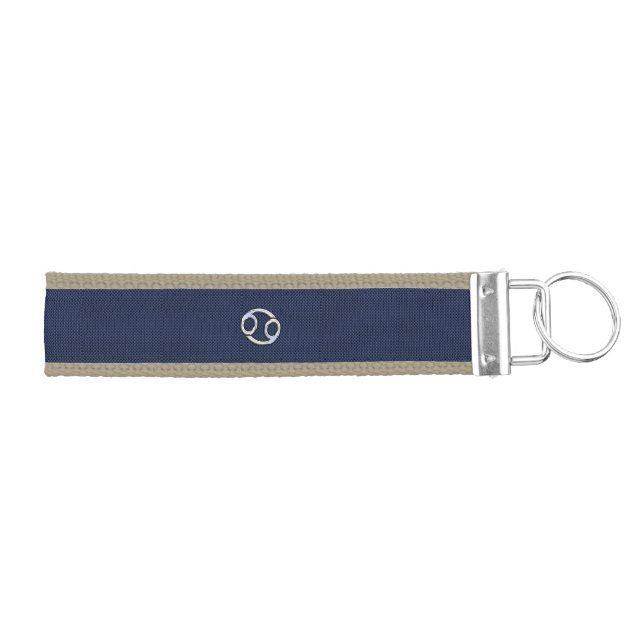 Silver Cancer Zodiac Symbol Navy Carbon Fiber Wrist Keychain (Keys on Right)
