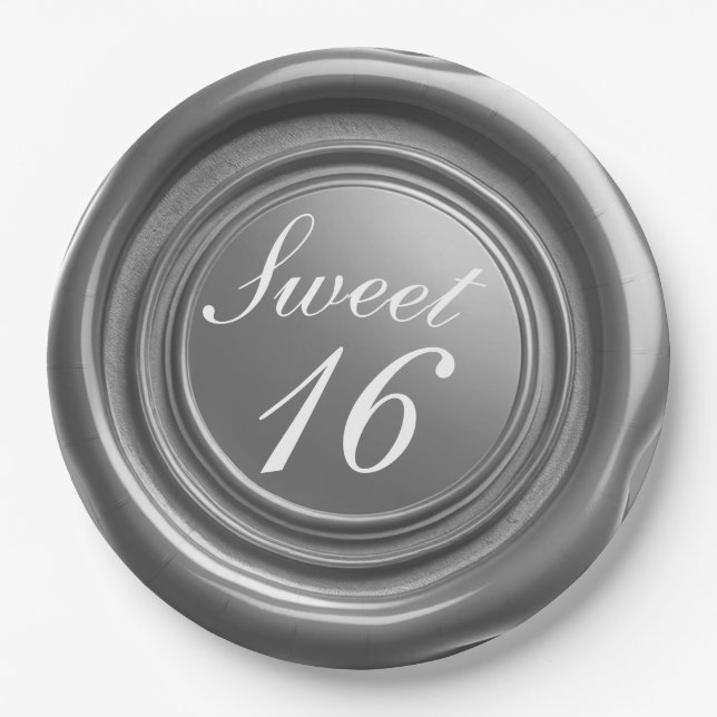 Silver Candle Wax Seal Drip Sweet 16 Wedding Paper Plates (Front)