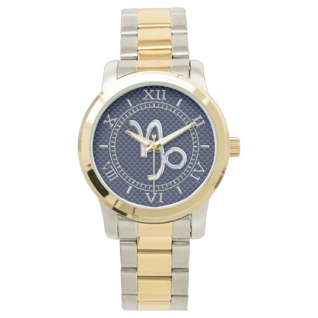 Silver Capricorn Zodiac Sign Blue Carbon Dial Watch (Front)