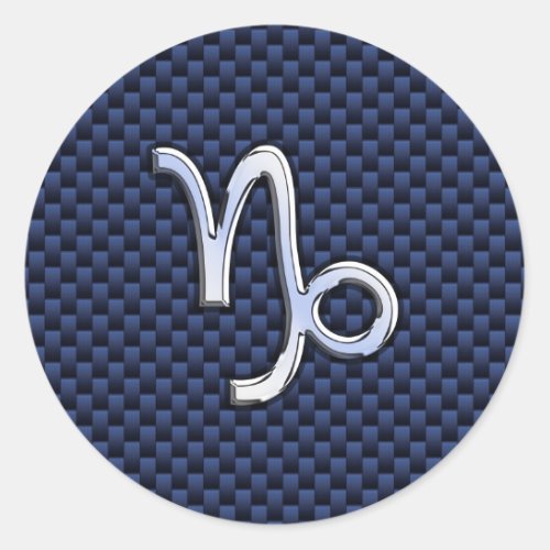 Silver Capricorn Zodiac Sign Blue Carbon Style Classic Round Sticker