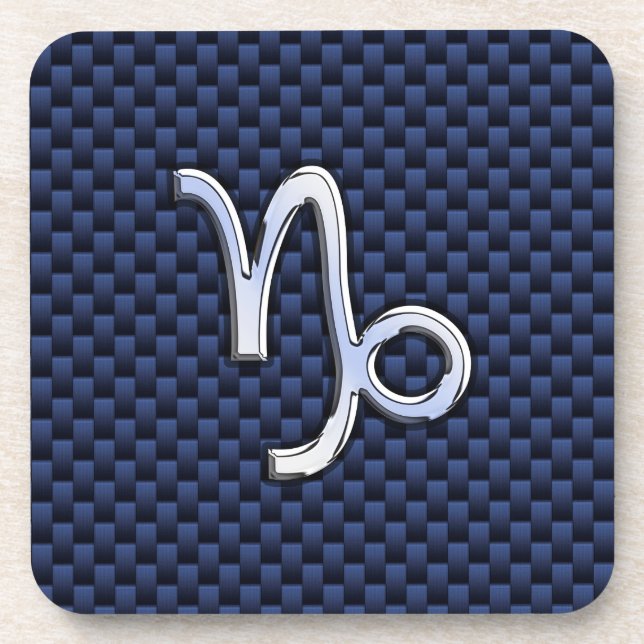 Silver Capricorn Zodiac Sign Blue Carbon Style Coaster (Front)