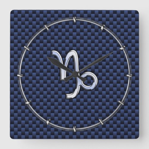 Silver Capricorn Zodiac Sign Blue Carbon Style Square Wall Clock