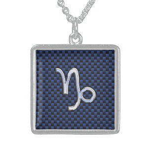 Silver Capricorn Zodiac Sign Blue Carbon Style Sterling Silver Necklace